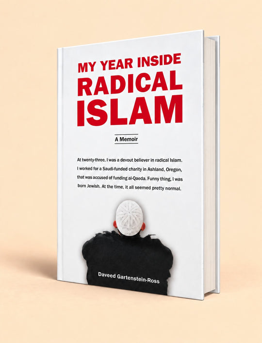 A hardcover book titled 'MY YEAR INSIDE RADICAL ISLAM' by Daveed Gartenstein-Ross, shown standing upright on a warm beige background. The cover is predominantly white with bold red title text and a black-and-white photo of a person at the bottom.