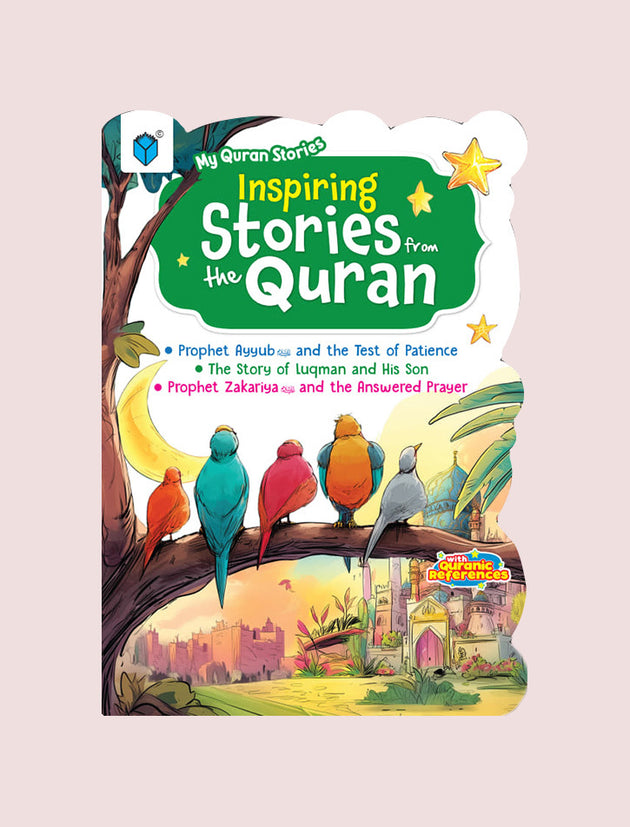 Children's book titled 'Inspiring Stories from the Quran' with colorful birds on a branch against a pink background.