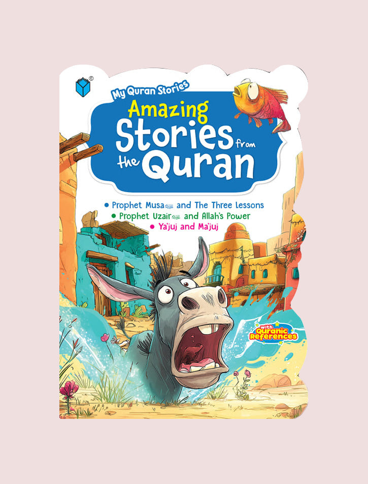 Book cover of 'Amazing Stories from the Quran' with a colorful illustration on a light pink background