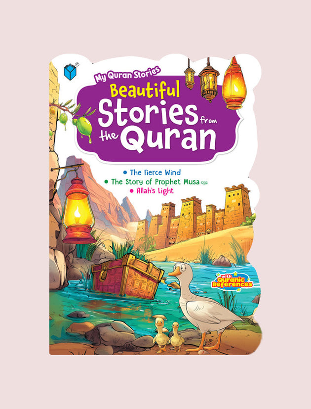 Book cover of 'Beautiful Stories from the Quran' with illustrations and text on a light pink background