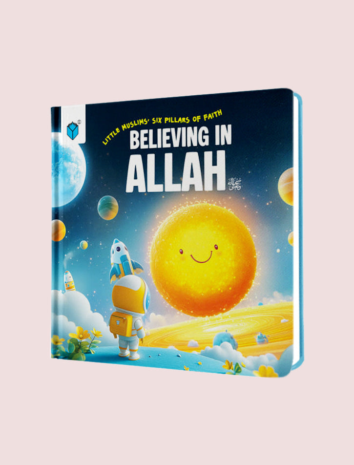 Book titled 'Believing in Allah' with a colorful cover featuring a character in space.