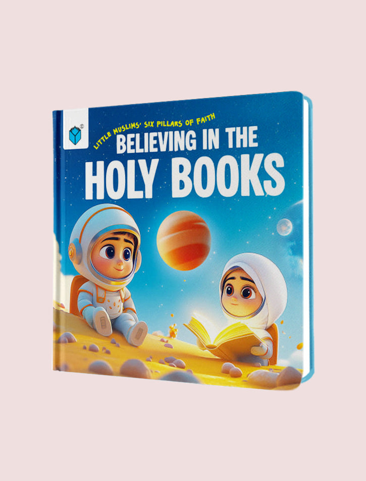 Children's book titled 'Believing in the Holy Books' with cartoon characters on a blue background