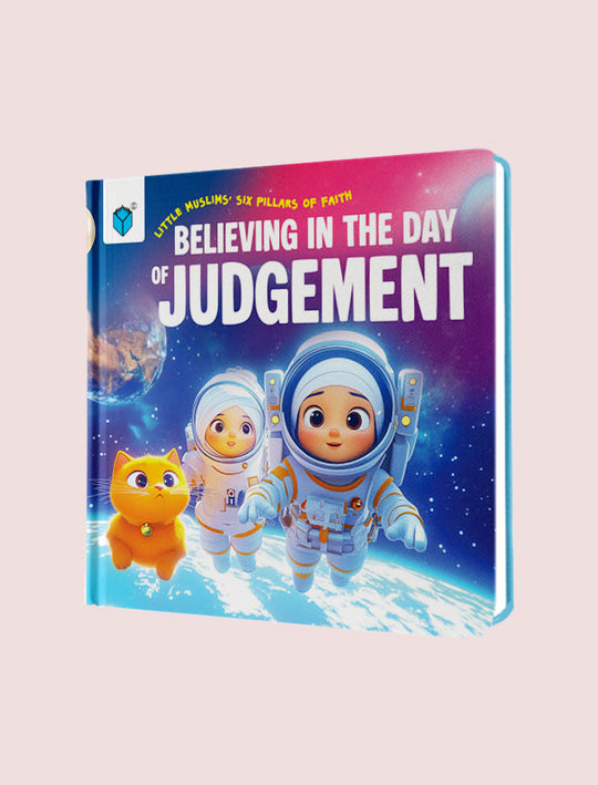 Children's book titled 'Believing in the Day of Judgement' with cartoon characters on a pink background