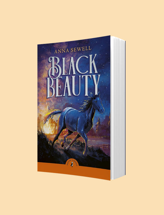 A 3D mockup of the book 'Black Beauty' by Anna Sewell, showing the front cover with an illustration of a black horse under a starry night sky, and the white page edges of the book, set against a solid pale beige background.