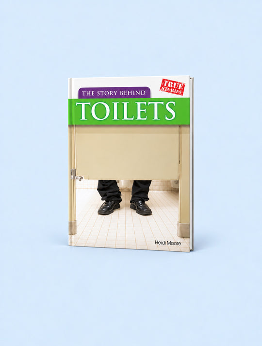 A hardcover book titled "The Story Behind Toilets" by Heidi Moore, standing upright on a light blue background. The cover features a humorous photo of a person's legs in black pants and shoes peeking out from behind a beige toilet stall door, with a green title banner and a red "True Stories" badge.