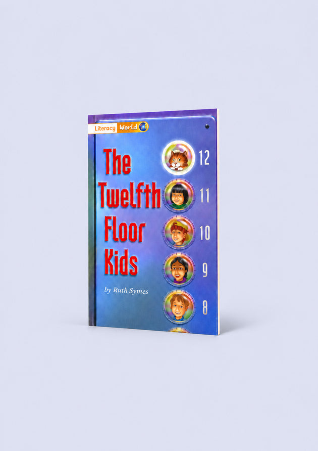 The Twelfth Floor Kids book by Keith Symons, featuring a blue cover with red title text and circular character portraits numbered 8 through 12, shown on a light gray background.