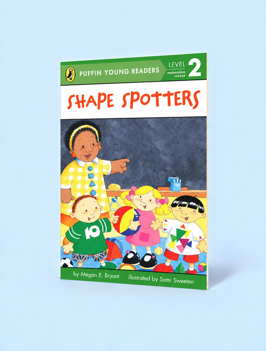 A children's book titled "Shape Spotters" from Puffin Young Readers Level 2, shown standing upright against a light blue background. The cover features colorful cartoon children and a chalkboard scene.