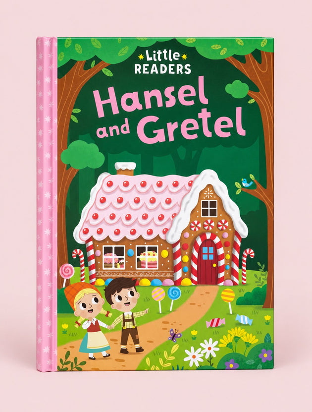 Little Readers Hansel and Gretel children's book with a pink polka-dotted spine and a colorful cover illustration of a gingerbread house, trees, and two children in a candy-filled forest, set against a solid pink background.