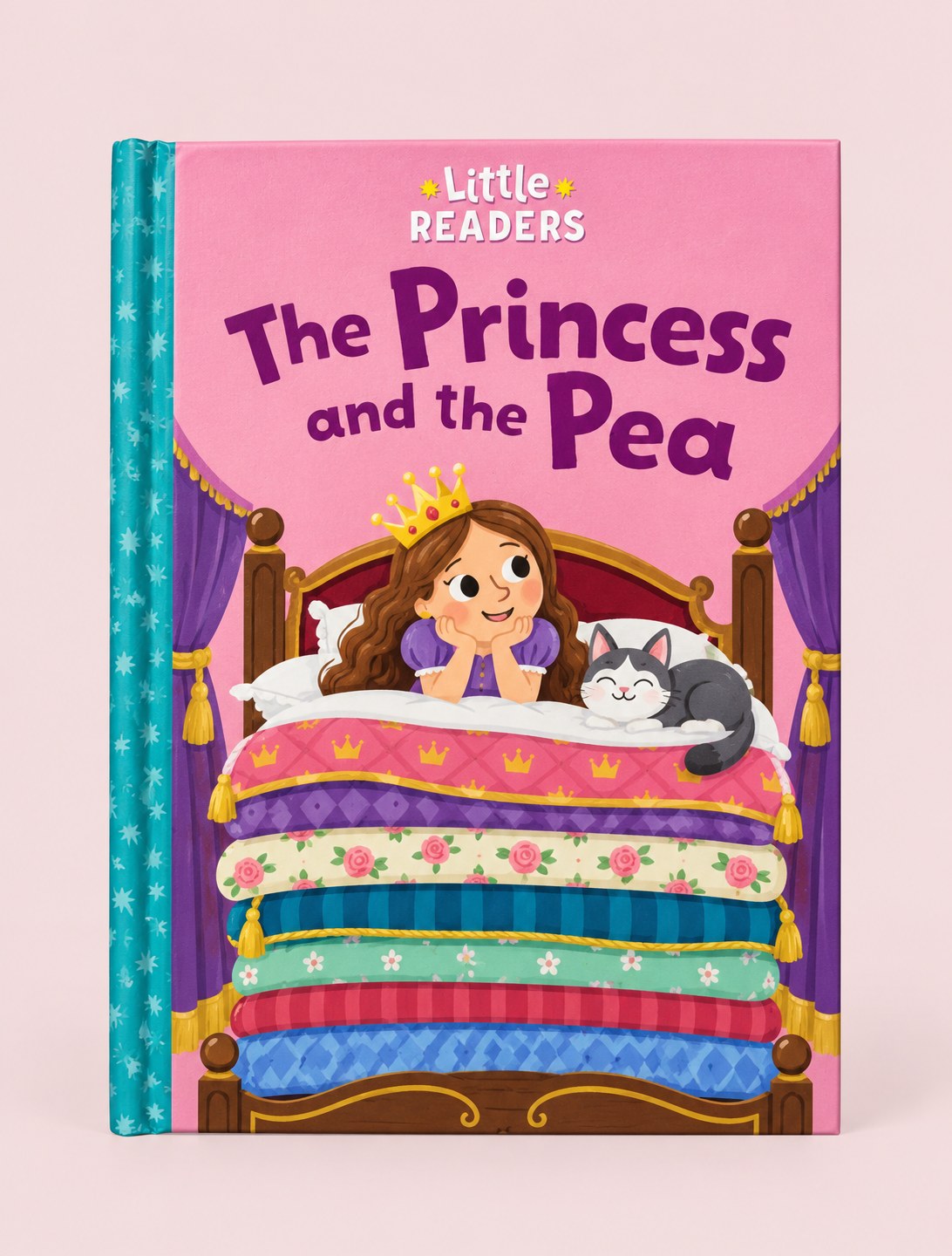 Little Readers hardcover children's book titled 'The Princess and the Pea' on a light pink background. The cover features an illustration of a young princess in a bed with a cat, with a pink sky background and a blue patterned spine.