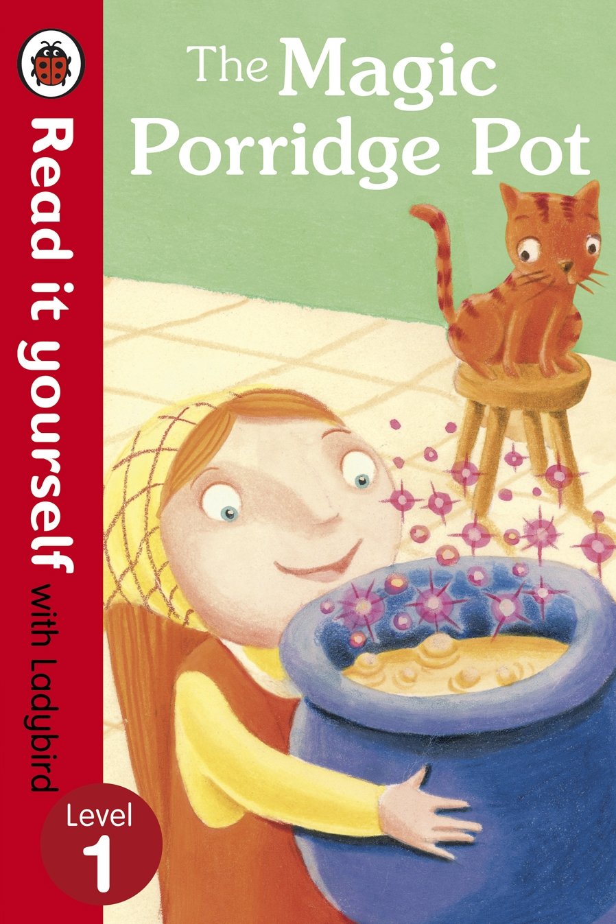 Book cover of 'The Magic Porridge Pot' with a girl and cat illustration.