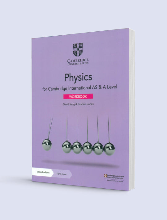 A purple workbook titled 'Physics for Cambridge International AS & A Level' by David Serg & Graham Jones, published by Cambridge University Press. The cover features a Newton's cradle graphic with metallic balls, set against a light gray background.