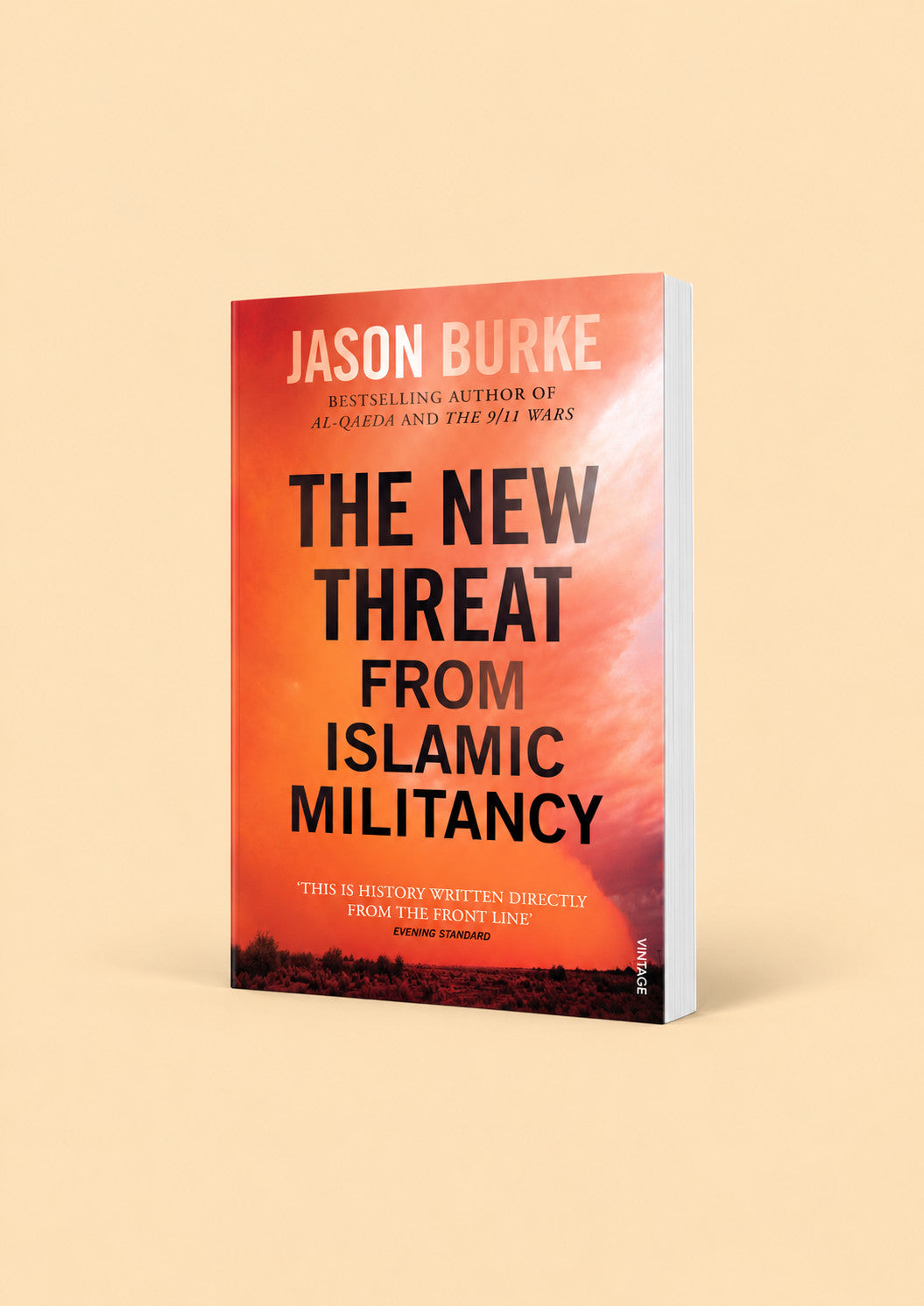A single paperback book titled "The New Threat from Islamic Militancy" by Jason Burke, shown standing upright against a warm beige background. The cover features a dramatic orange and red sky with bold black text.