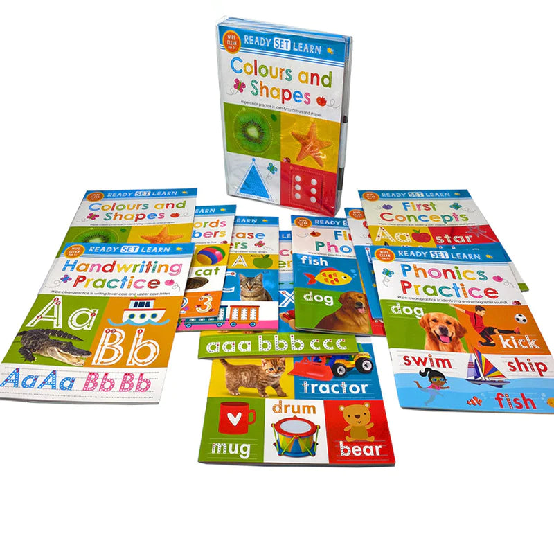 NEW READY SET LEARN 10 EARLY LEARNING WIPE CLEAN BOOKS COLOURS SHAPES NUMBERS PHONICS HANDWRITING COUNTING AGES 3+