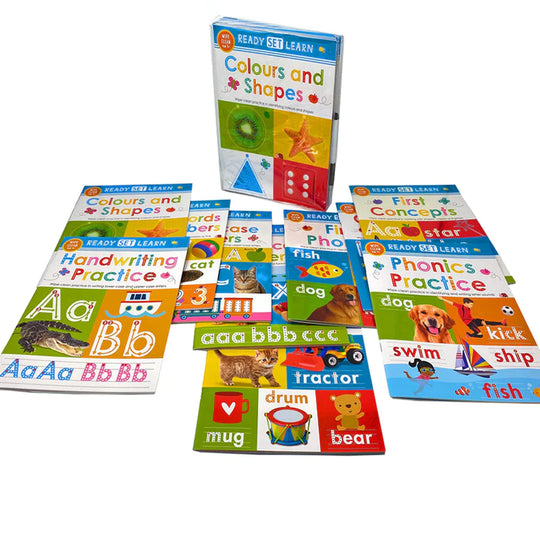 NEW READY SET LEARN 10 EARLY LEARNING WIPE CLEAN BOOKS COLOURS SHAPES NUMBERS PHONICS HANDWRITING COUNTING AGES 3+