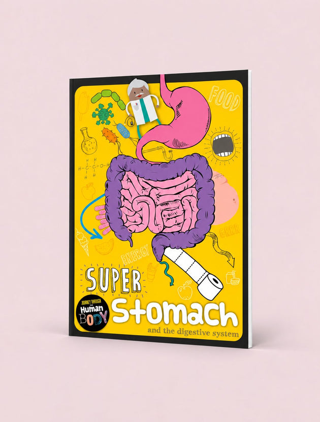 A children's educational book titled 'Super Stomach and the digestive system' by Human Box, featuring a bright yellow cover with cartoon illustrations of a pink stomach and purple intestines, shown standing upright on a light pink background.