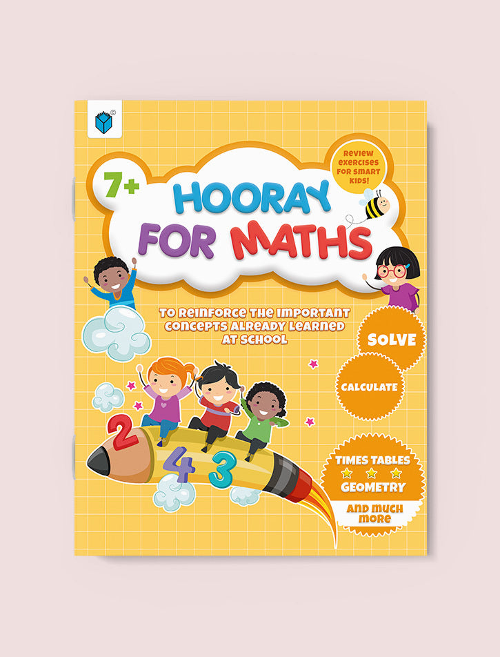 Book titled 'Hooray for Maths' with colorful cover featuring children and numbers on a yellow background.