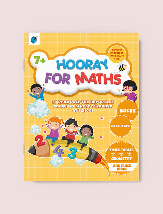 Book titled 'Hooray for Maths' with colorful cover featuring children and numbers on a yellow background.