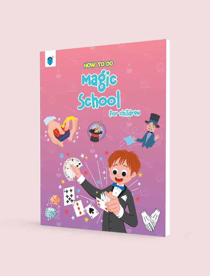 Book titled 'How to Do Magic School for Children' with a colorful cover featuring a magician and magic-themed illustrations on a pink background.