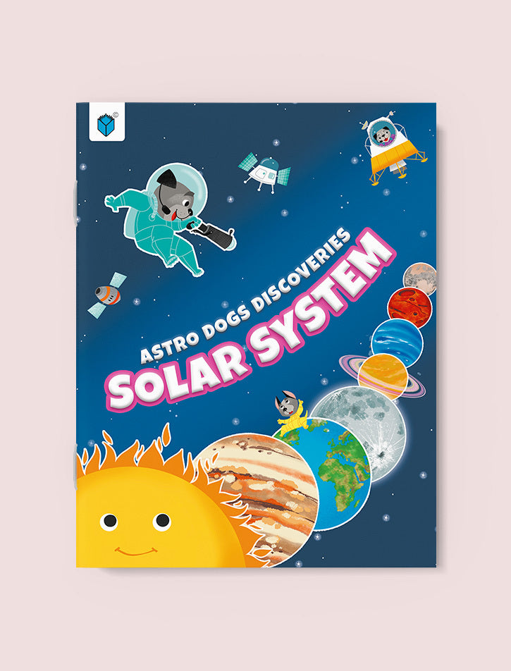 Book cover of 'Astro Dogs Discoveries Solar System' with space-themed illustrations on a blue background.