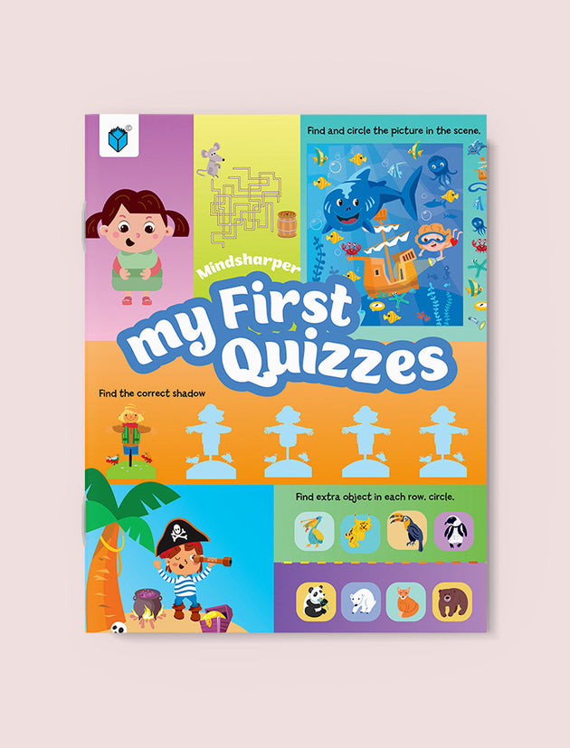 Children's book titled 'my First Quizzes' with colorful illustrations on a light pink background