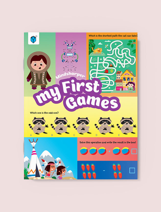 Children's educational book titled 'My First Games' by Mindshaper on a light gray background