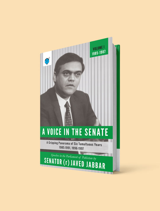 A hardcover book titled "A Voice in the Senate" by Javed Jabbar, shown standing upright on a light beige background. The cover features a black-and-white portrait of the author, green title bands, and a gray striped background design.