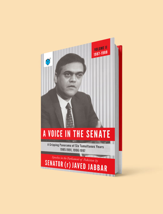 A hardcover book titled "A Voice in the Senate" by Javed Jabbar, shown standing upright at a slight angle on a warm beige background. The cover features a black-and-white portrait of the author, red title bands, and a red spine.