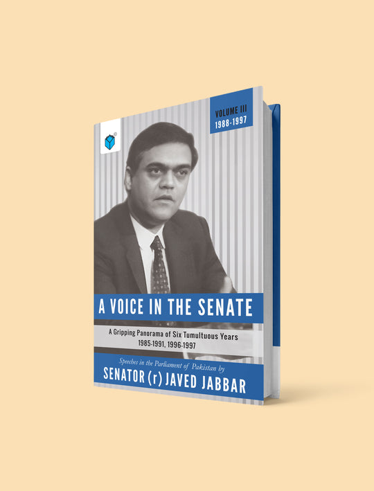 A hardcover book titled "A Voice in the Senate" by Javed Jabbar, shown standing upright at a slight angle on a solid pale beige background. The cover features a black-and-white portrait of the author, blue title bands, and a gray striped background design.