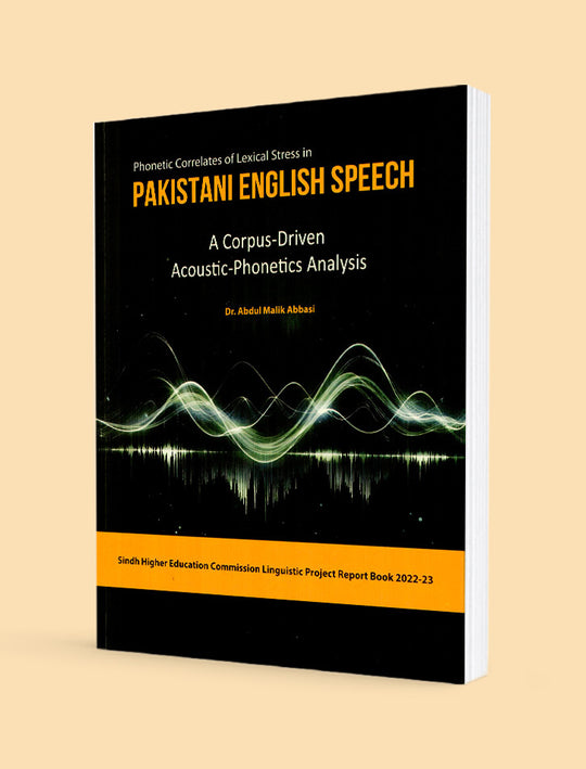 Book titled 'Phonetic Correlates of Lexical Stress in Pakistani English Speech' on a beige background