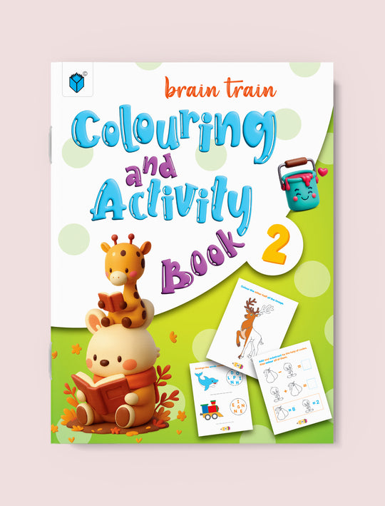 Brain Train Colouring and Activity Book 2, featuring a colorful cover with cartoon animals and activity sheets, displayed on a light pink background.