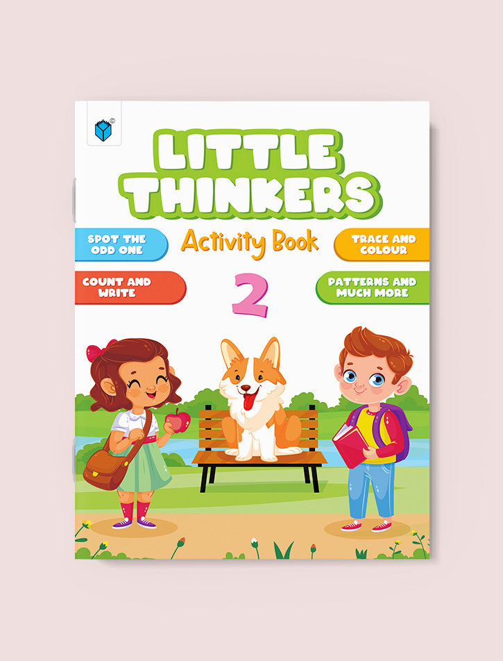 Activity book titled 'Little Thinkers' with two children and a dog on a bench.