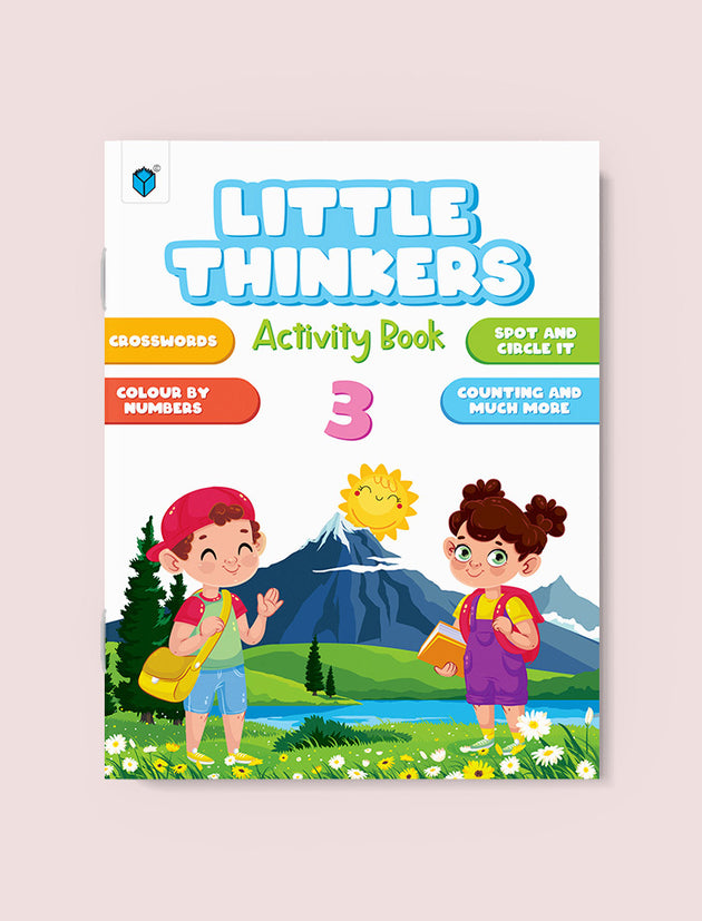 Activity book cover titled 'Little Thinkers' with two children in a mountainous landscape.