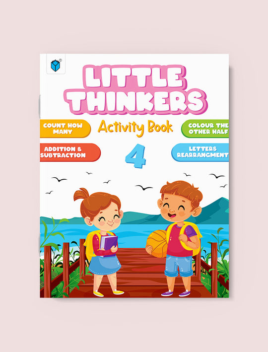 Activity book titled 'Little Thinkers' for children on a light pink background