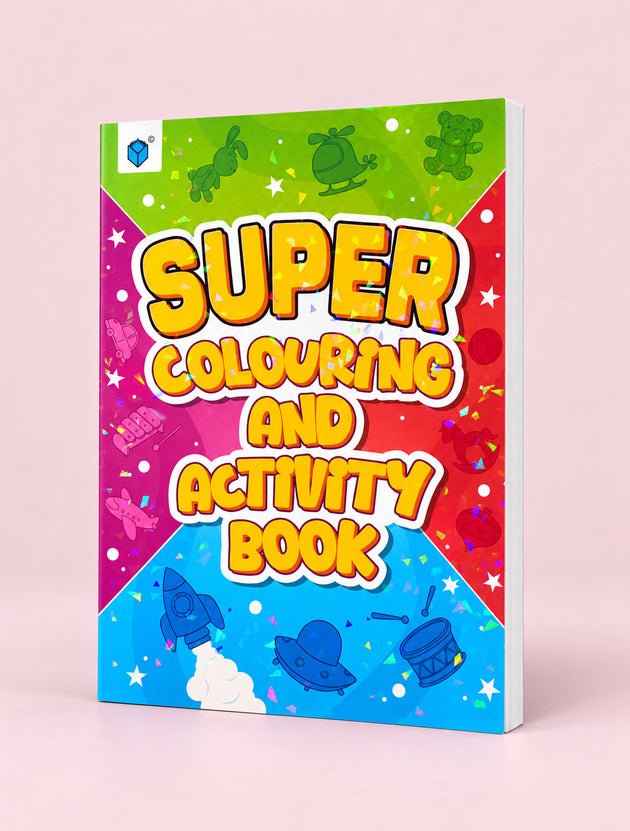 A children's activity book titled 'SUPER COLOURING AND ACTIVITY BOOK' shown standing upright on a soft pink background. The cover is brightly split into green, pink, red, and blue sections with cartoon space-themed illustrations including rockets, stars, and a helicopter, plus large yellow title text outlined in white.