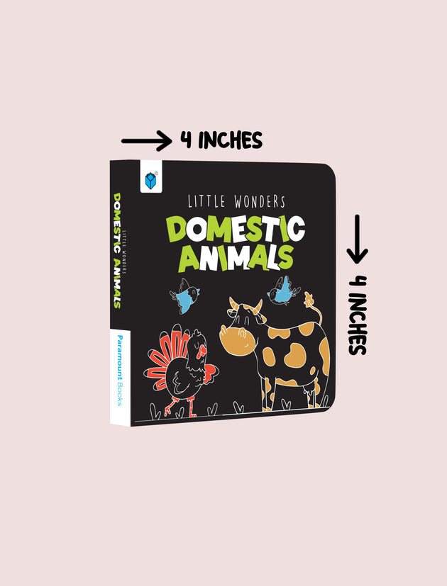 A children's book titled 'Little Wonders Domestic Animals' shown on a pale pink background with arrows and text indicating it is 4 inches by 4 inches.