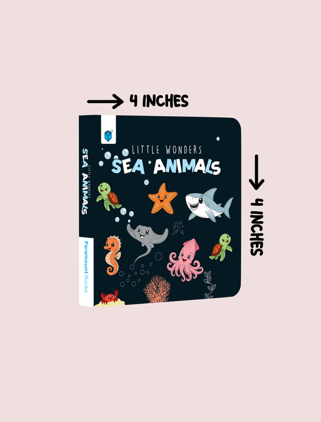 A children's book titled 'Little Wonders Sea Animals' shown on a pale pink background with measurement arrows indicating it is 4 inches by 4 inches. The cover is dark blue with colorful sea animal illustrations including a shark, octopus, turtle, seahorse, starfish, and coral.
