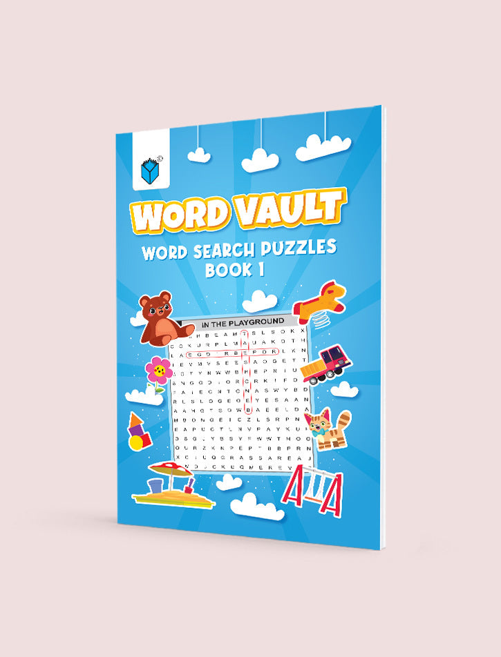 Book cover of 'Word Vault Word Search Puzzles Book 1' with illustrations on a light pink background