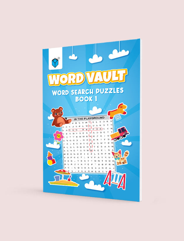Book cover of 'Word Vault Word Search Puzzles Book 1' with illustrations on a light pink background