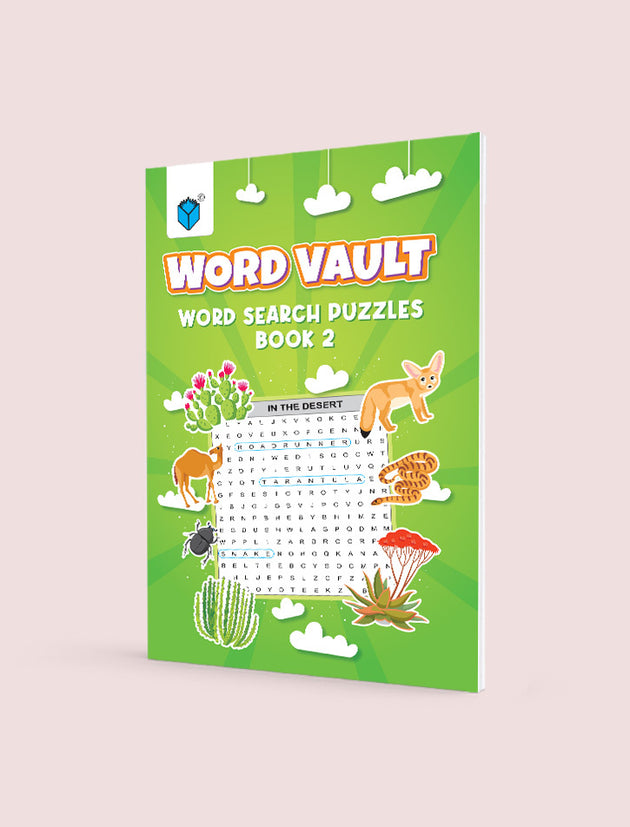 Book cover of 'Word Vault Word Search Puzzles Book 2' with illustrations on a green background