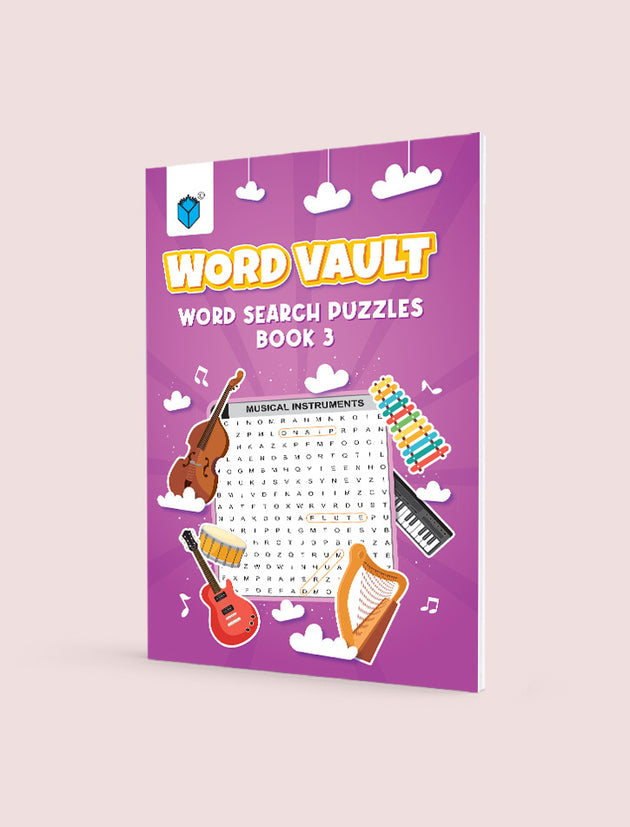Purple book titled 'Word Vault Word Search Puzzles Book 3' with illustrations of musical instruments on a light pink background.