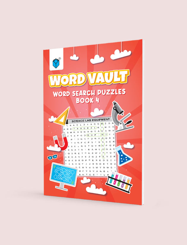 Book cover of 'Word Vault Word Search Puzzles Book 4' with science-themed illustrations on a light pink background.