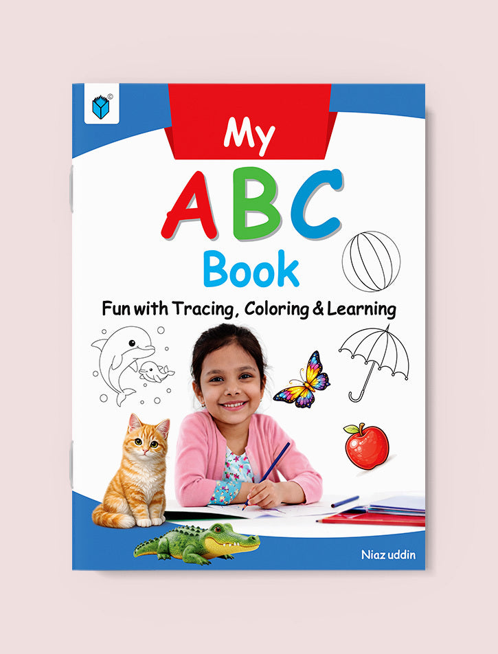 Children's book titled 'My ABC Book' with colorful illustrations on a light pink background