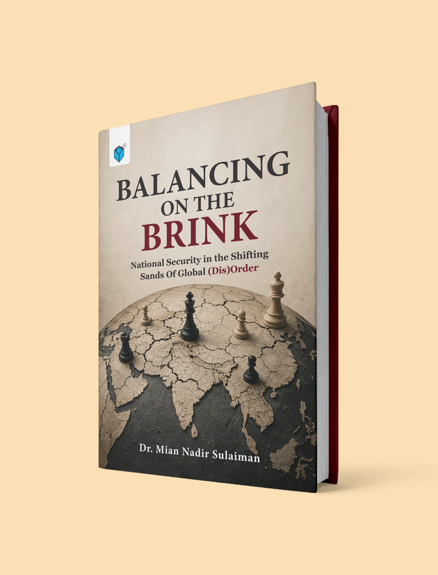 A book titled 'Balancing on the Brink' by Dr. Mian Nadir Sulaiman, shown standing upright at an angle on a solid light beige background.
