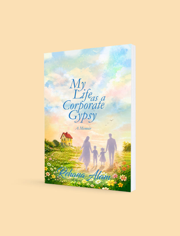 A book titled 'My Life as a Corporate Gypro' by Seliana Alim, shown standing upright on a light beige background. The cover features a watercolor-style illustration of a family walking in a field with a small house under a pastel sky.