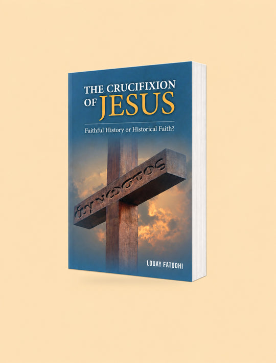 A book titled "The Crucifixion of Jesus" by Louay Fatfoudh, shown as a 3D mockup on a solid beige background. The cover features a blue sky background with a wooden cross and golden-yellow text.