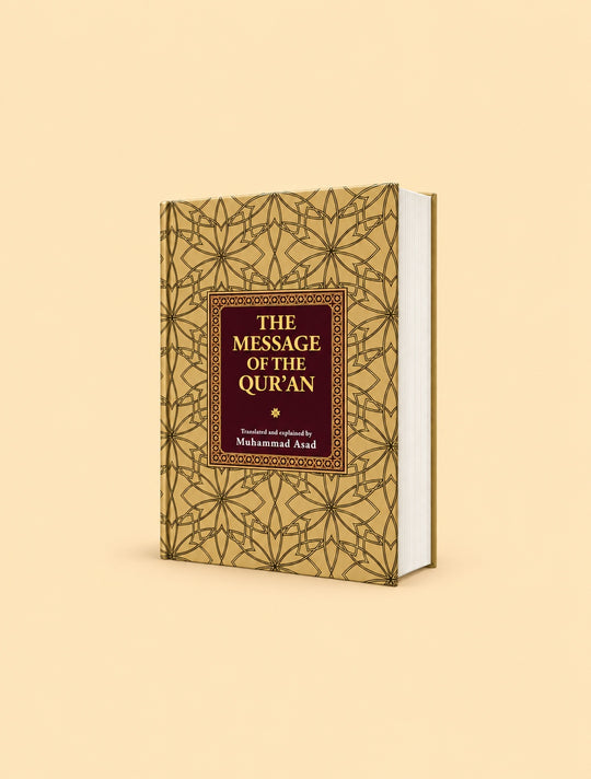 The Message of the Quran book by Muhammad Asad, featuring a gold geometric patterned cover with a dark red central label, shown on a solid beige background.