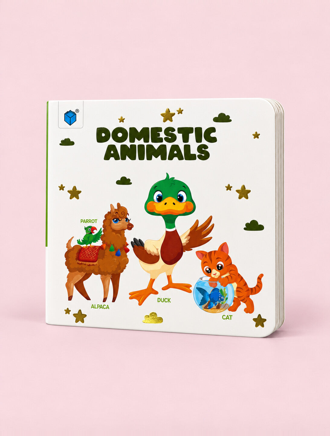 A children's board book titled 'Domestic Animals' featuring colorful illustrations of a llama, duck, and cat on a white cover, photographed against a solid light pink background.