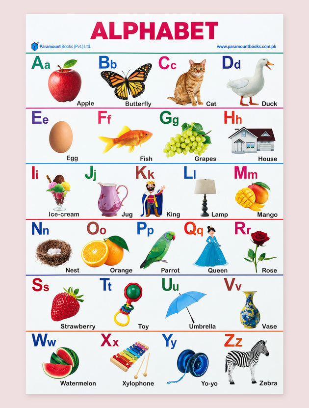 A children's alphabet learning poster with the title 'ALPHABET' at the top. Each letter is shown with a colorful real-world object or animal illustration and its name below, such as Aa with an apple, Bb with a butterfly, Cc with a cat, Dd with a duck, and so on.