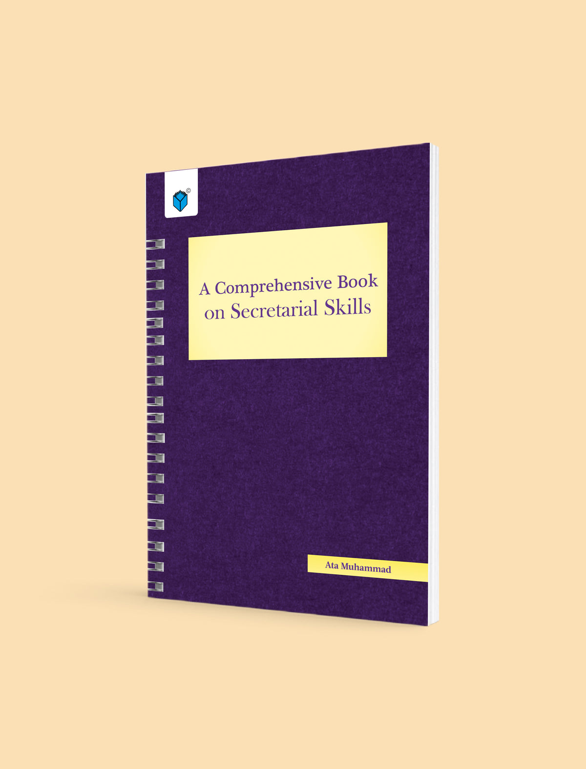 A spiral-bound book titled 'A Comprehensive Book on Secretarial Skills' with a textured dark purple cover and a yellow title label, shown on a solid pale beige background.