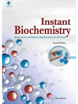 A study desk containing a pile of medical textbooks labeled 'Instant Biochemistry: Quick Review of Medical Biochemistry for Students'
